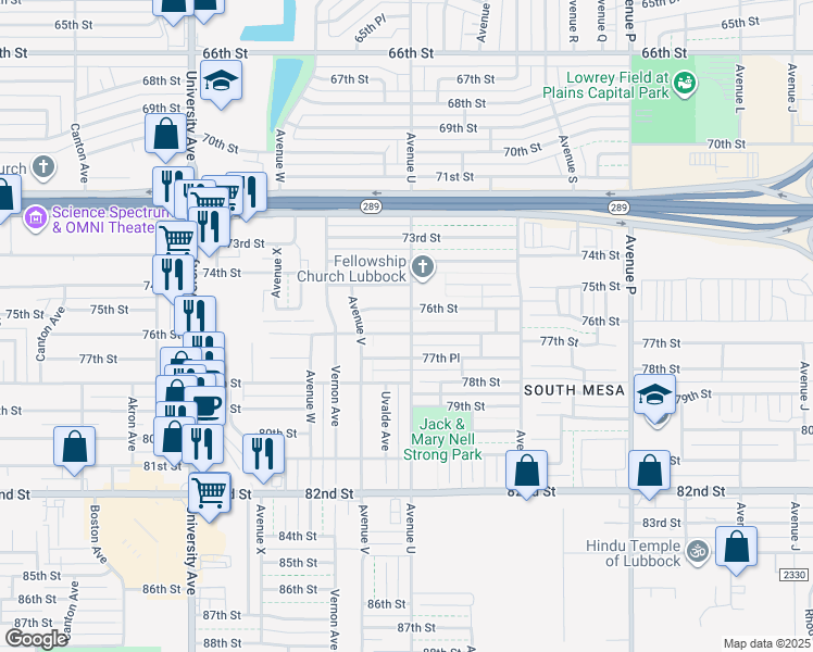 map of restaurants, bars, coffee shops, grocery stores, and more near 2102 77th Street in Lubbock