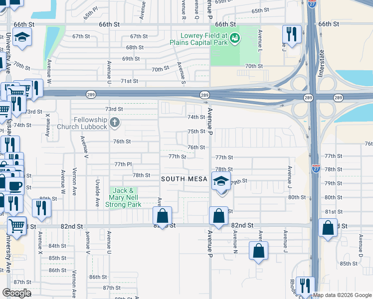 map of restaurants, bars, coffee shops, grocery stores, and more near 1702 77th Street in Lubbock