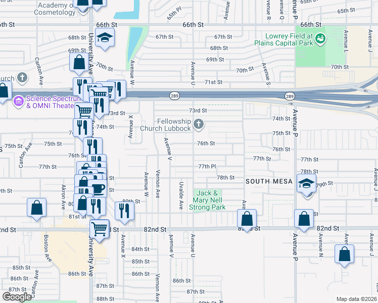map of restaurants, bars, coffee shops, grocery stores, and more near 2101 77th Street in Lubbock