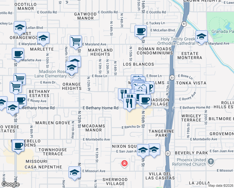 map of restaurants, bars, coffee shops, grocery stores, and more near 1420 East Bethany Home Road in Phoenix