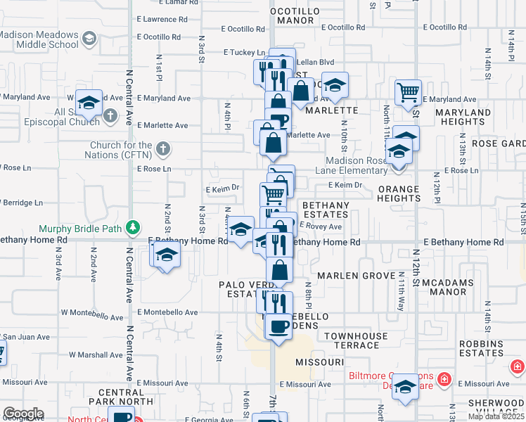 map of restaurants, bars, coffee shops, grocery stores, and more near 6040 North 7th Street in Phoenix