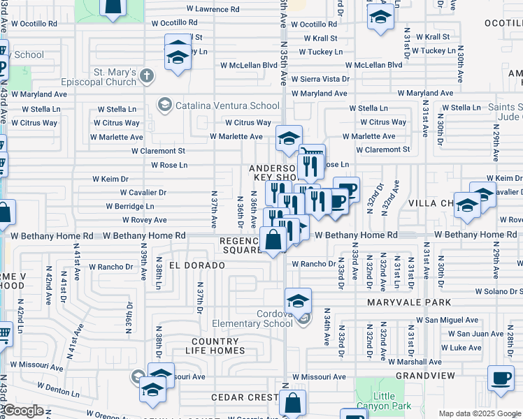 map of restaurants, bars, coffee shops, grocery stores, and more near 3515 West Rovey Avenue in Phoenix