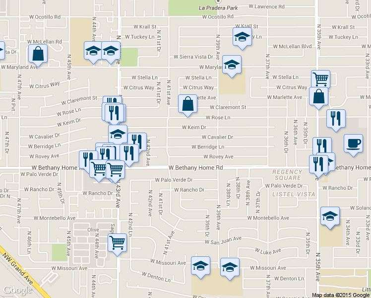 map of restaurants, bars, coffee shops, grocery stores, and more near 4026 West Rovey Avenue in Phoenix