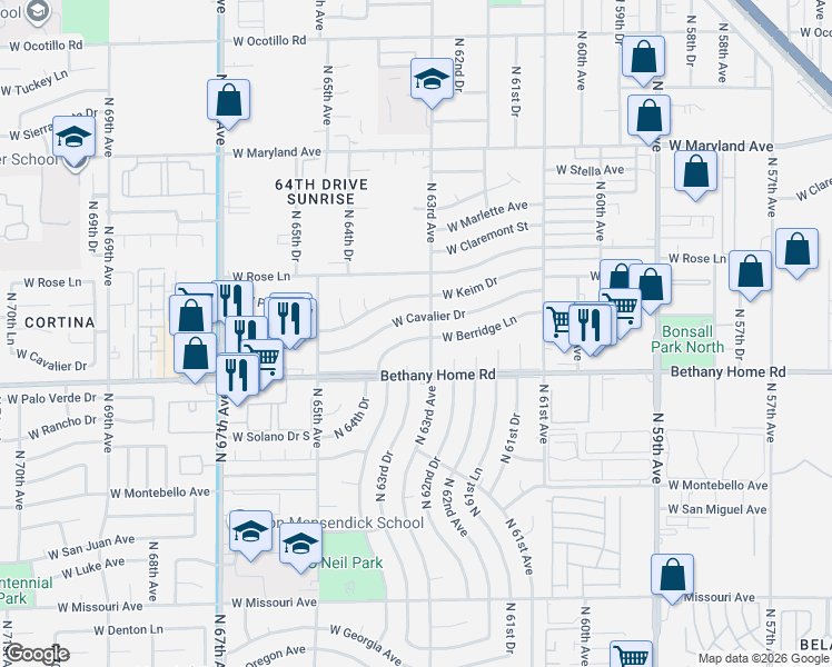 map of restaurants, bars, coffee shops, grocery stores, and more near 6311 West Berridge Lane in Glendale
