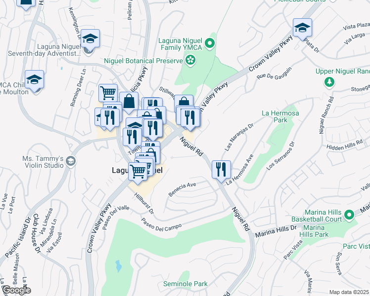 map of restaurants, bars, coffee shops, grocery stores, and more near 30111 Niguel Road in Laguna Niguel