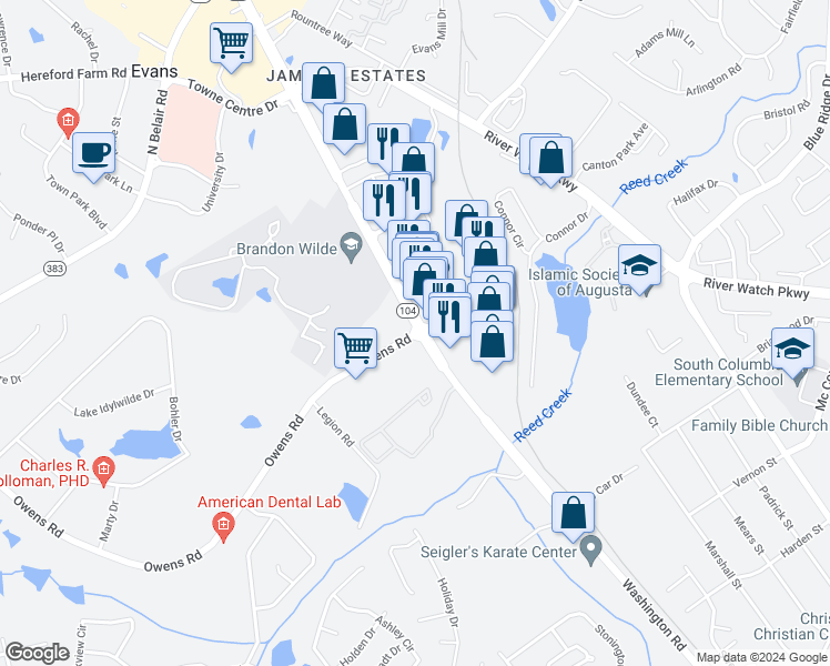 map of restaurants, bars, coffee shops, grocery stores, and more near 4237 Washington Road in Evans