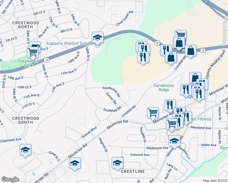 map of restaurants, bars, coffee shops, grocery stores, and more near 5932 Southcrest Road in Birmingham