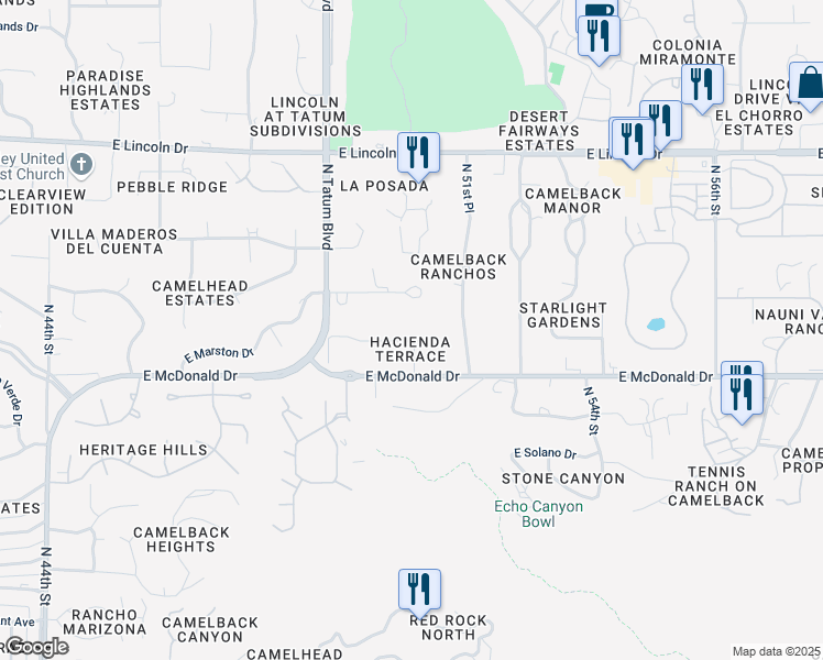 map of restaurants, bars, coffee shops, grocery stores, and more near 5028 East Rovey Avenue in Paradise Valley