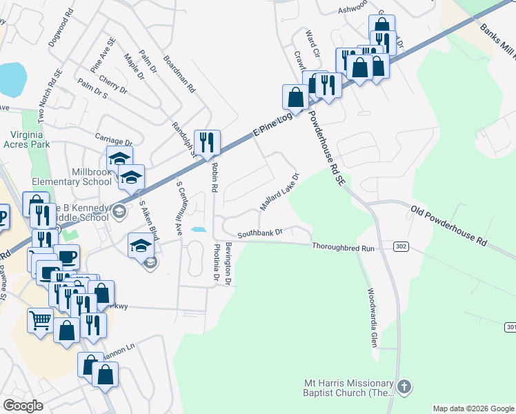 map of restaurants, bars, coffee shops, grocery stores, and more near 265 Mallard Lake Drive in Aiken