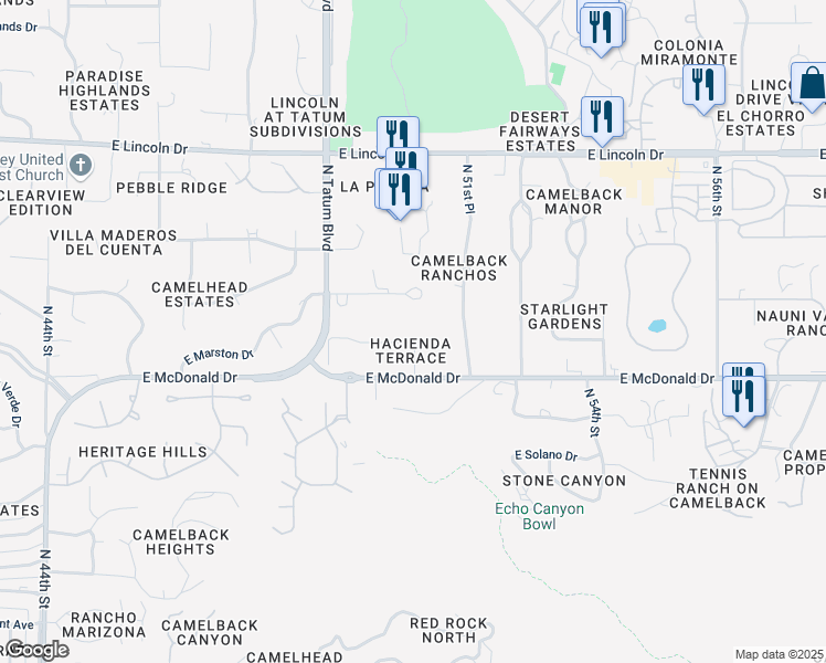 map of restaurants, bars, coffee shops, grocery stores, and more near 5028 East Rovey Avenue in Paradise Valley