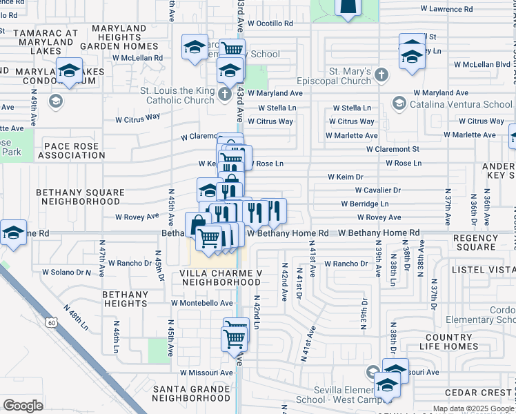 map of restaurants, bars, coffee shops, grocery stores, and more near 6001 North 43rd Avenue in Phoenix