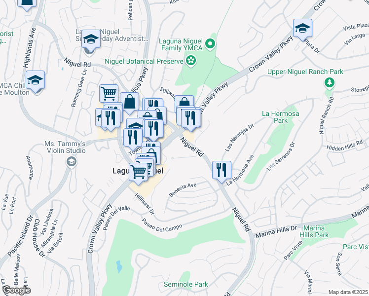 map of restaurants, bars, coffee shops, grocery stores, and more near 30111 Niguel Road in Laguna Niguel