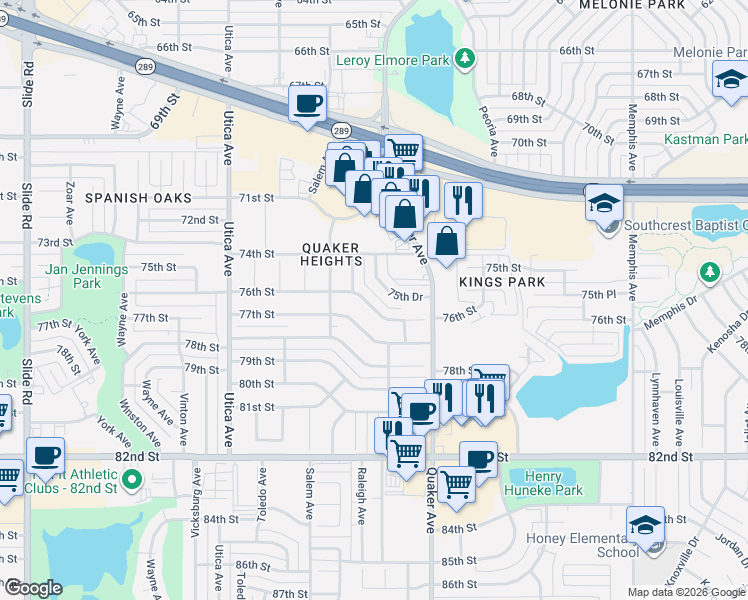 map of restaurants, bars, coffee shops, grocery stores, and more near 4418 76th Street in Lubbock