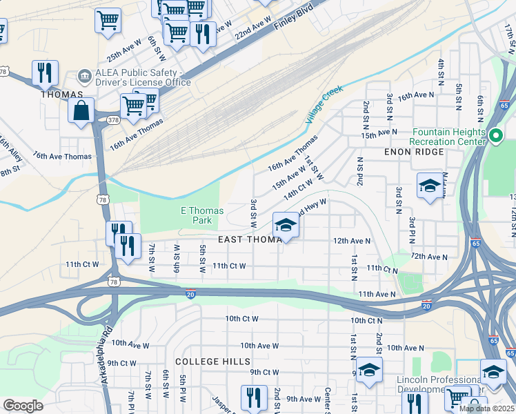 map of restaurants, bars, coffee shops, grocery stores, and more near 1412 3rd Street West in Birmingham