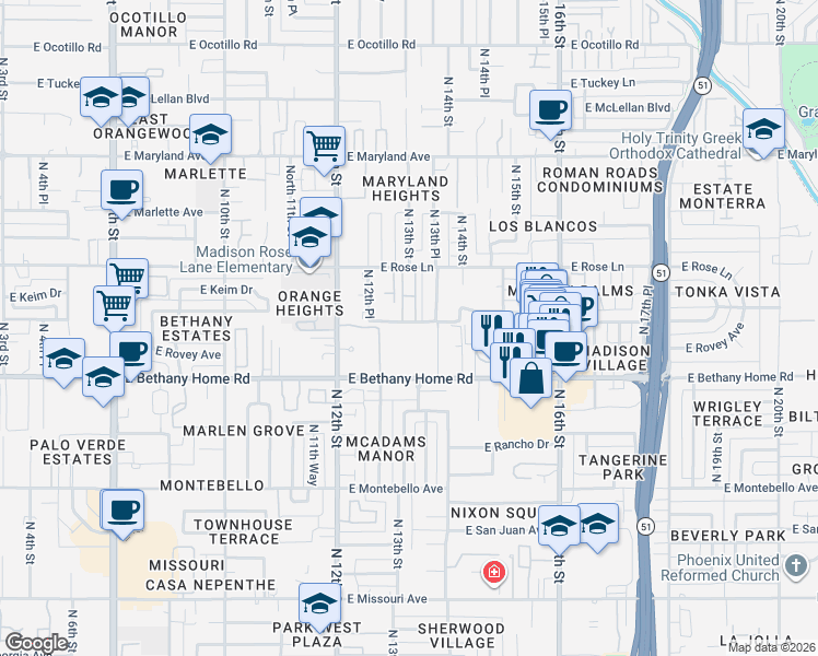 map of restaurants, bars, coffee shops, grocery stores, and more near 1320 East Bethany Home Road in Phoenix