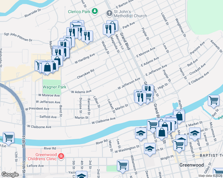 map of restaurants, bars, coffee shops, grocery stores, and more near 402 West Jefferson Avenue in Greenwood