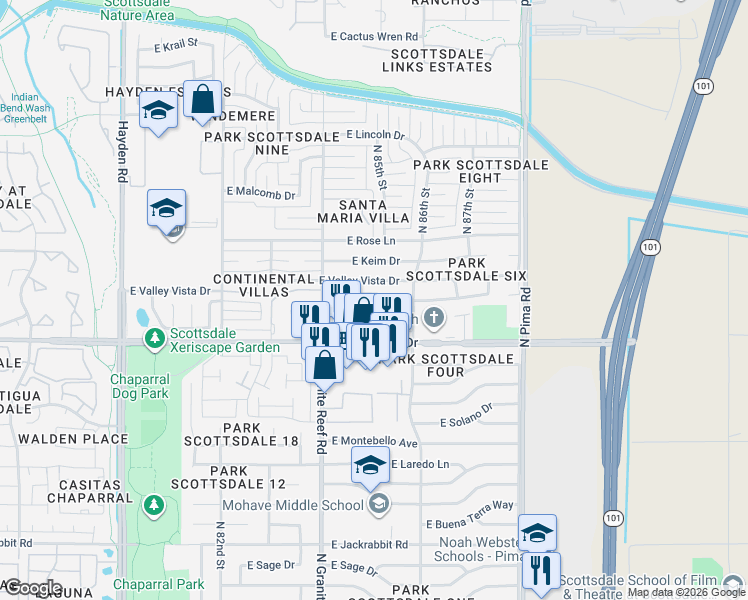 map of restaurants, bars, coffee shops, grocery stores, and more near in Scottsdale