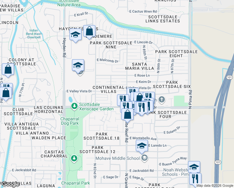 map of restaurants, bars, coffee shops, grocery stores, and more near 8310 East McDonald Drive in Scottsdale