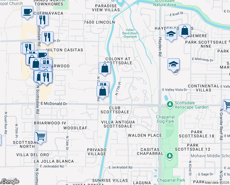 map of restaurants, bars, coffee shops, grocery stores, and more near 6020 North 77th Place in Scottsdale
