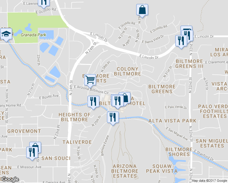 map of restaurants, bars, coffee shops, grocery stores, and more near 2701 East Arizona Biltmore Circle in Phoenix
