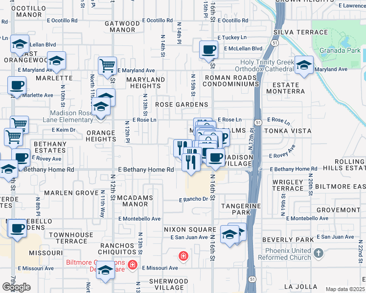 map of restaurants, bars, coffee shops, grocery stores, and more near 6040 North 15th Street in Phoenix