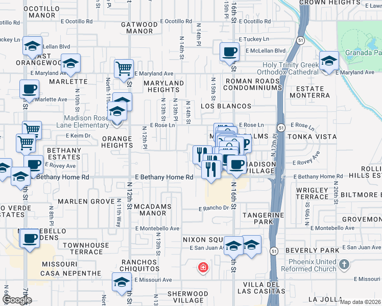 map of restaurants, bars, coffee shops, grocery stores, and more near 1420 East Bethany Home Road in Phoenix
