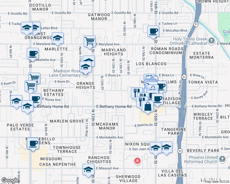 map of restaurants, bars, coffee shops, grocery stores, and more near 1320 East Bethany Home Road in Phoenix