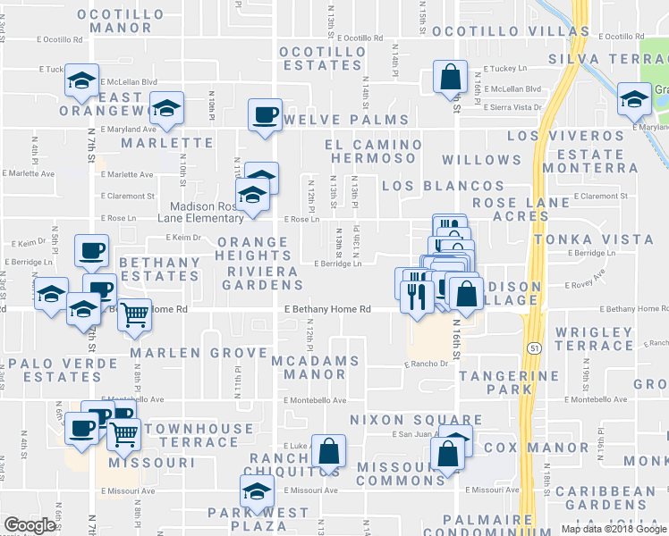 map of restaurants, bars, coffee shops, grocery stores, and more near 1320 East Bethany Home Road in Phoenix