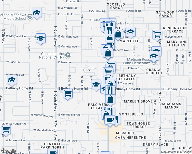 map of restaurants, bars, coffee shops, grocery stores, and more near 6041 North 5th Place in Phoenix