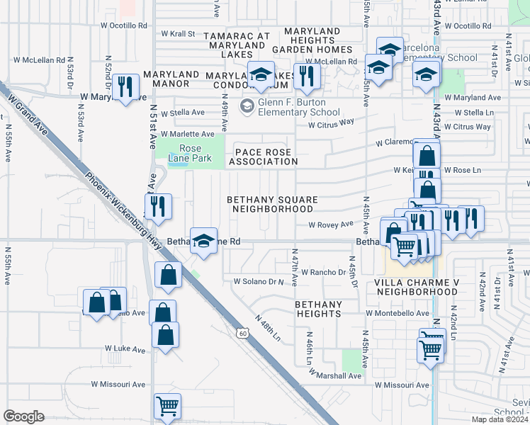 map of restaurants, bars, coffee shops, grocery stores, and more near 4816 West Bethany Home Road in Glendale