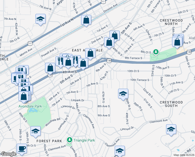 map of restaurants, bars, coffee shops, grocery stores, and more near 4700 7th Avenue in Birmingham