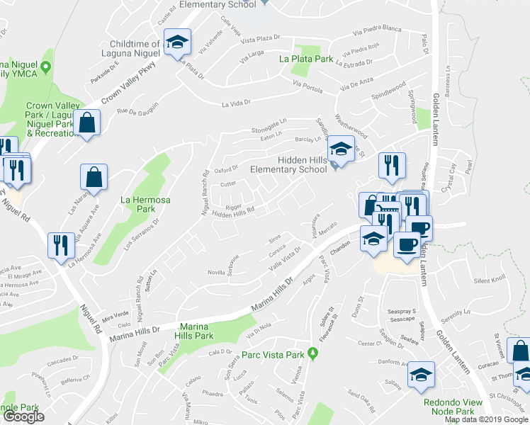 map of restaurants, bars, coffee shops, grocery stores, and more near 24752 Hidden Hills Road in Laguna Niguel