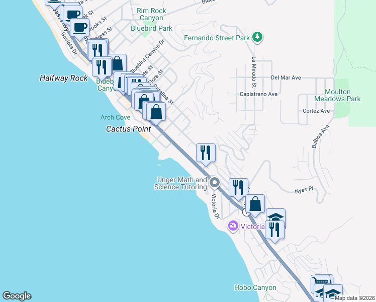 map of restaurants, bars, coffee shops, grocery stores, and more near 2324 South Coast Highway in Laguna Beach