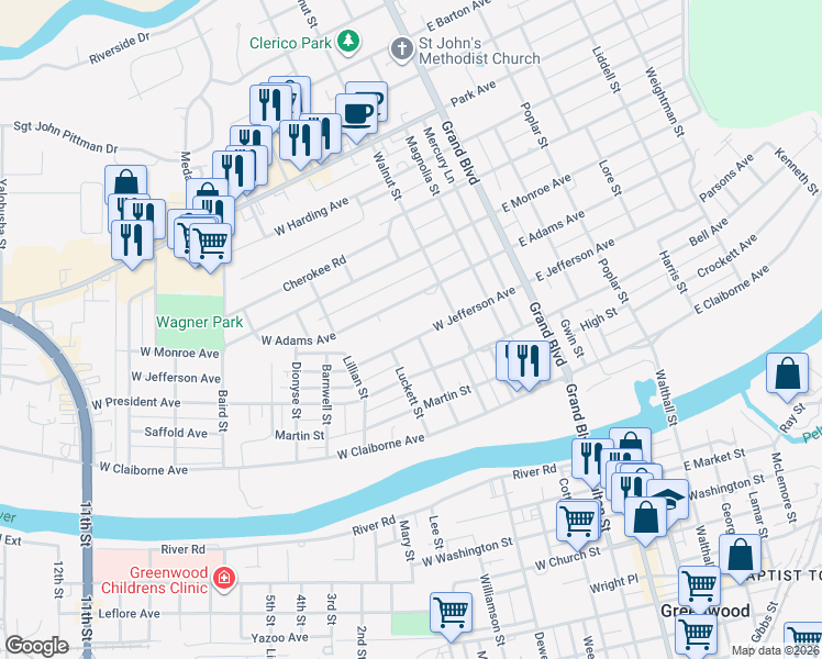 map of restaurants, bars, coffee shops, grocery stores, and more near 315 West Jefferson Avenue in Greenwood