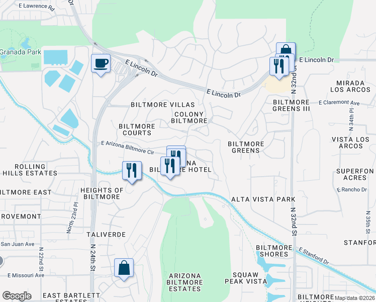map of restaurants, bars, coffee shops, grocery stores, and more near 2737 East Arizona Biltmore Circle in Phoenix