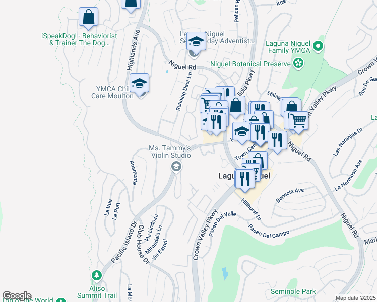 map of restaurants, bars, coffee shops, grocery stores, and more near Pacific Island Drive & Highlands Avenue in Laguna Niguel