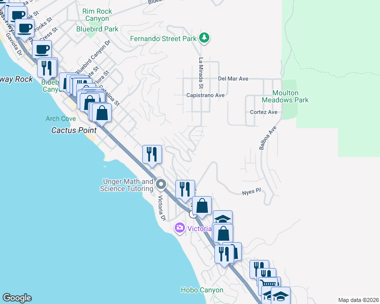 map of restaurants, bars, coffee shops, grocery stores, and more near 550 Alta Vista Way in Laguna Beach