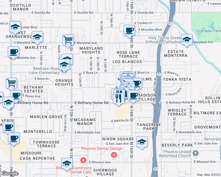 map of restaurants, bars, coffee shops, grocery stores, and more near 6040 North 15th Street in Phoenix