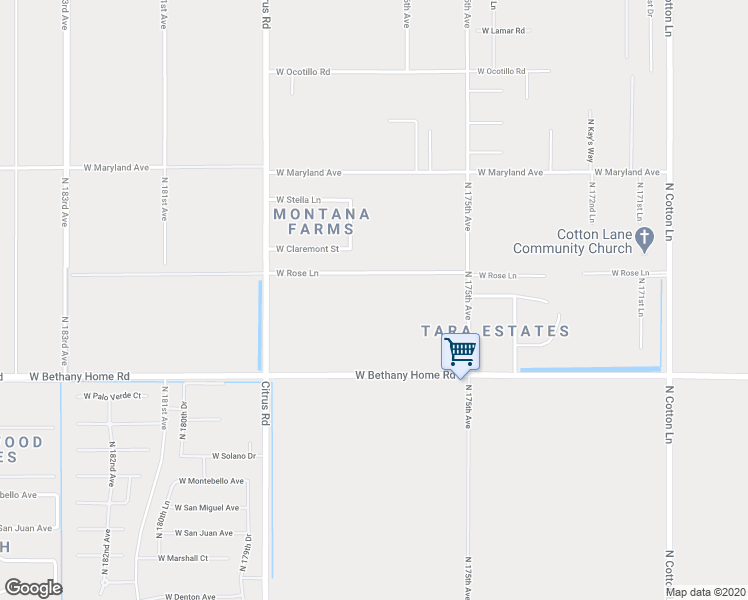 map of restaurants, bars, coffee shops, grocery stores, and more near 17629 West Rose Lane in Waddell