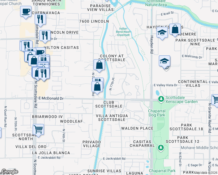 map of restaurants, bars, coffee shops, grocery stores, and more near 6020 North 77th Place in Scottsdale