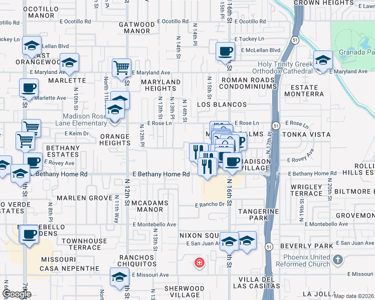 map of restaurants, bars, coffee shops, grocery stores, and more near 1420 East Bethany Home Road in Phoenix