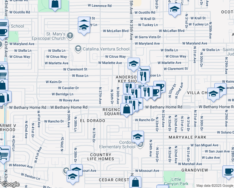 map of restaurants, bars, coffee shops, grocery stores, and more near 6016 North 36th Drive in Phoenix