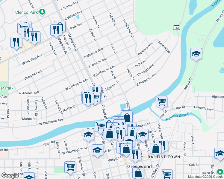 map of restaurants, bars, coffee shops, grocery stores, and more near 301 East Claiborne Avenue in Greenwood