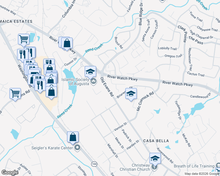 map of restaurants, bars, coffee shops, grocery stores, and more near 426 Old Evans Road in Martinez