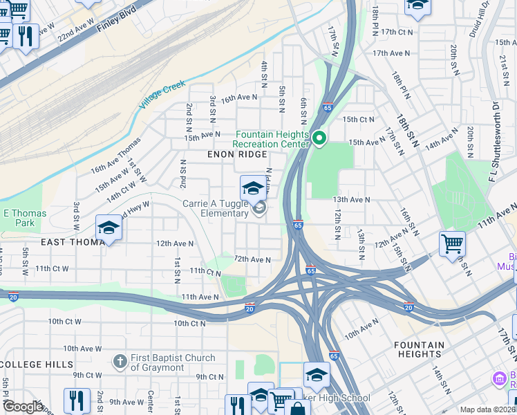 map of restaurants, bars, coffee shops, grocery stores, and more near 412 12th Court North in Birmingham