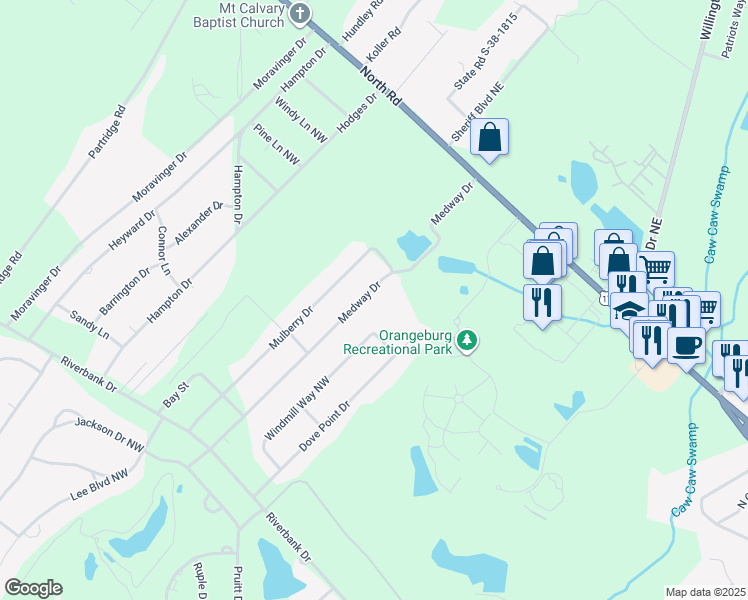 map of restaurants, bars, coffee shops, grocery stores, and more near 489 Medway Drive in Orangeburg