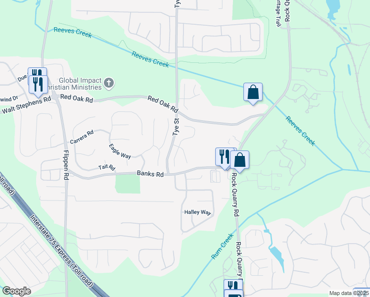 map of restaurants, bars, coffee shops, grocery stores, and more near 25 Bridlewood Court in Stockbridge