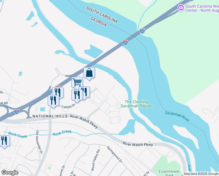 map of restaurants, bars, coffee shops, grocery stores, and more near 437 Topgolf Way in Augusta