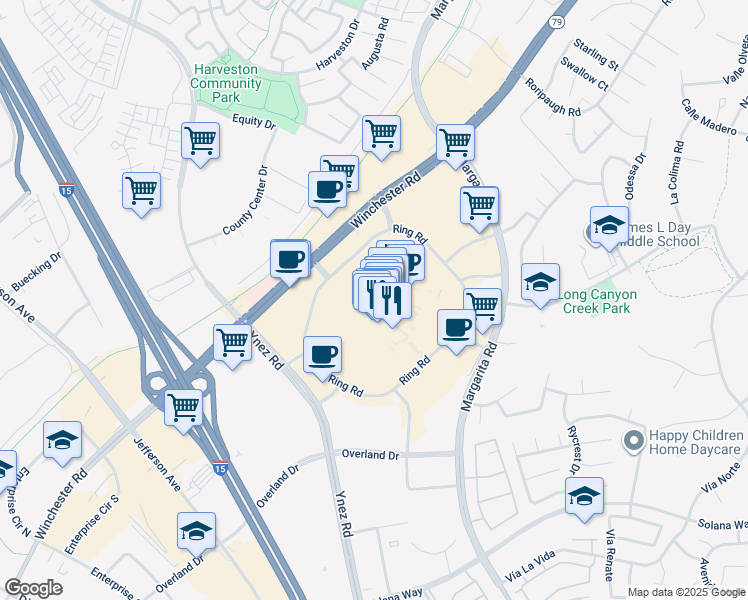 map of restaurants, bars, coffee shops, grocery stores, and more near 40640 Winchester Road in Temecula