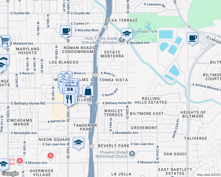 map of restaurants, bars, coffee shops, grocery stores, and more near 1902 East Rovey Avenue in Phoenix